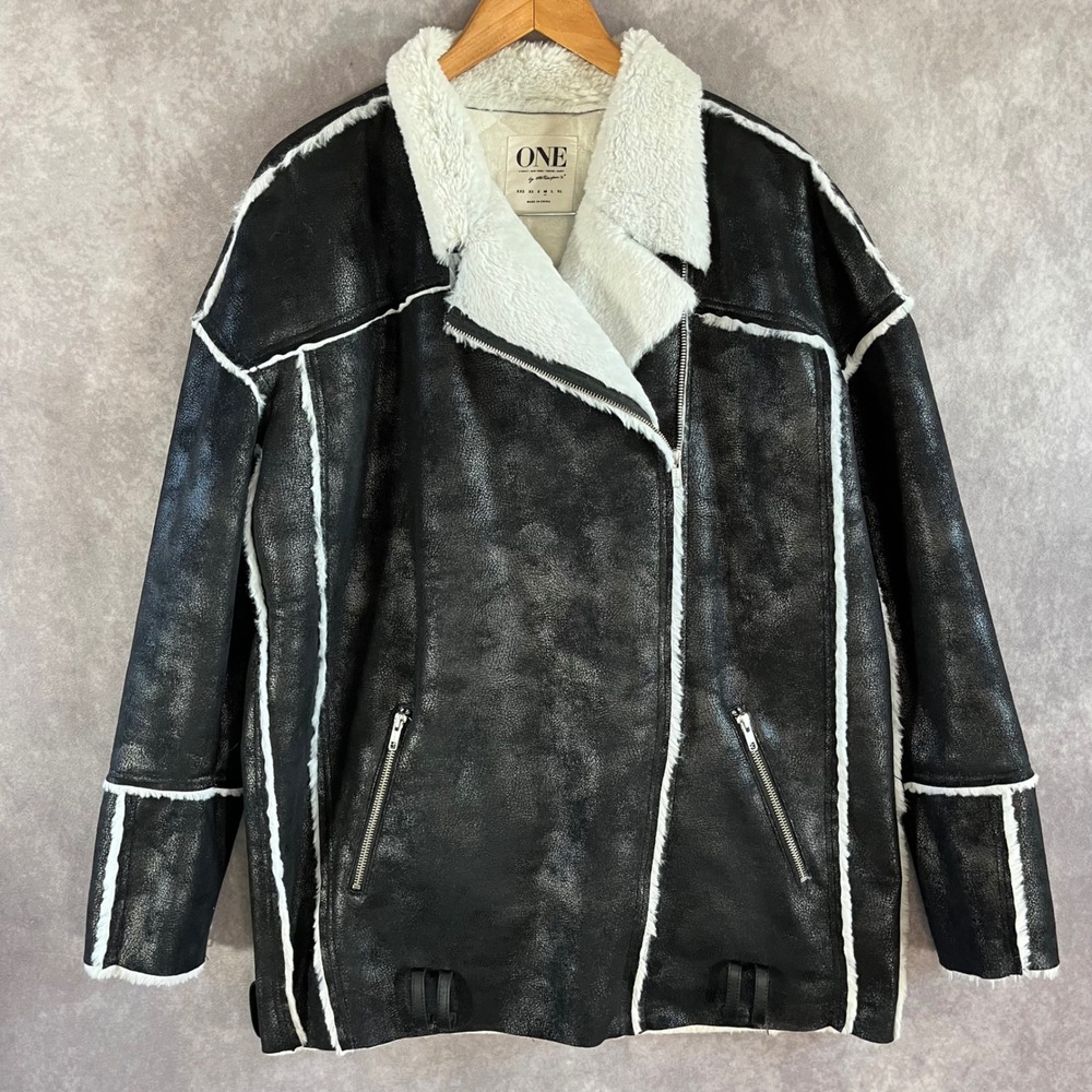 One Teaspoon Moto Jacket Womens Medium Black Faux Leather Shearling Aviator